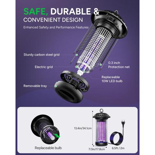Buzbug LED Bug Zapper Indoor Outdoor, Up to 50000 Hrs Lifespan Lamp, Energy Saving & Dual Band Attraction, 5.6 ft Power Cord, High Voltage Mosquito Fly Zapper Trap Killer -MO008C