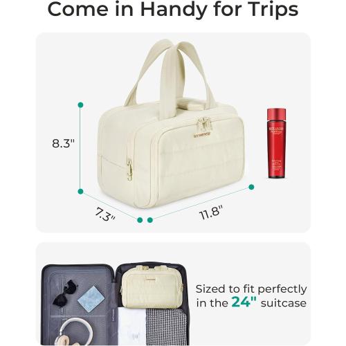 BAGSMART Travel Toiletry Bag, Crush Toiletry Bag for Women, Wide-open Puffy Toiletry Bags for Traveling, Large Travel Cosmetic Makeup Bag Organizer for Accessories,Toiletrie, Beige
