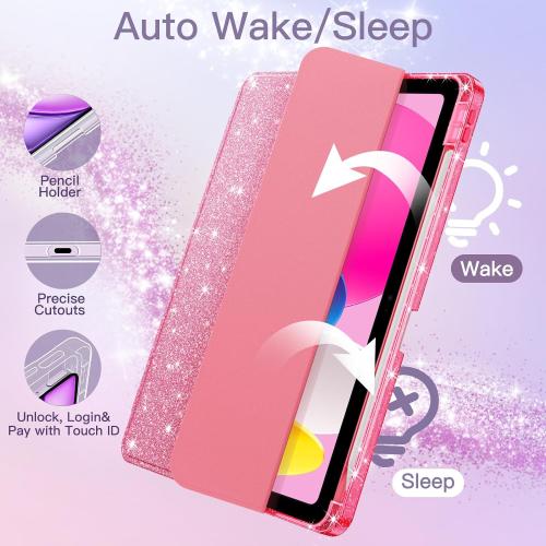 JETech Glitter Case for iPad (A16) 11th/10th Generation (2025/2022) with Pencil Holder, Cute Sparkly Slim Cover for Kids and Girls, Shiny Clear Back Shell (Pink)
