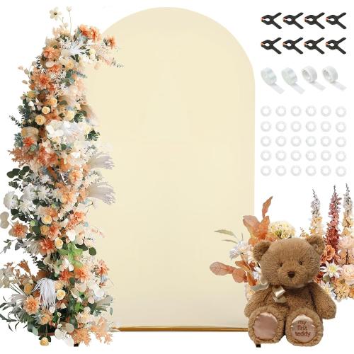7.2FT Arch Backdrop Cover, Beige Spandex Arch Cover Stretchy Backdrop Stand Cover with Balloon Tying Tools for Wedding Ceremony Baby Shower Birthday Party Photo Background Arch Decorations