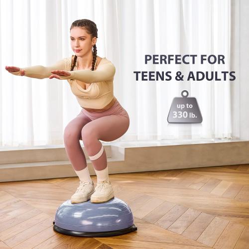 Blue 23 ZELUS Balance Ball Trainer with Resistance Bands and Foot Pump, Inflatable Yoga Ball for Home Gym Workouts, 23 Inch Exercise Half Ball for Balance Training Core Strength Fitness More, 330lb Cap
