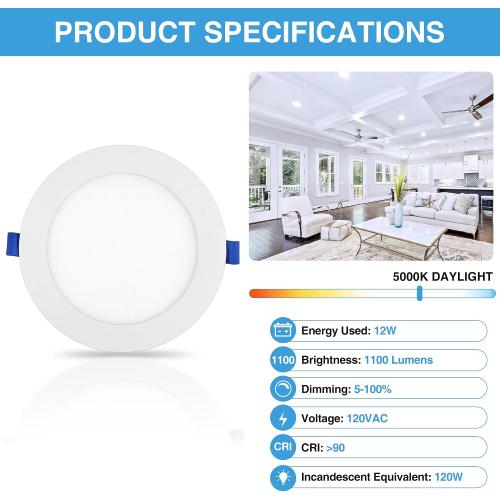 ECOELER 6 Inch Slim Recessed Lighting with Junction Box, Dimmable Recessed Can Lights, 5000K Daylight, 12W 1100Lm Dimmable LED Downlight, ETL & FCC Listed