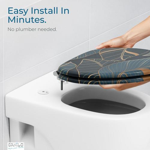 SANILO Wooden Toilet Seat with Soft Close [ELONGATED] - Decorative, Quiet & Slow Close Molded Wood Seat - With Strong Bumpers & Hinges - Adjustable Fit - Monstera