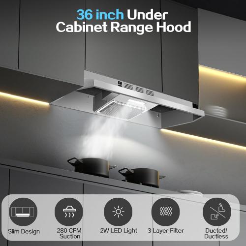 Range Hood 36 inch Under Cabinet, Ducted/Ductless Kitchen Hood 280CFM, Stainless Steel Vent Hood with Rocker Button Control, Stove Hood with 2 Speeds Fan, Bright LED Light