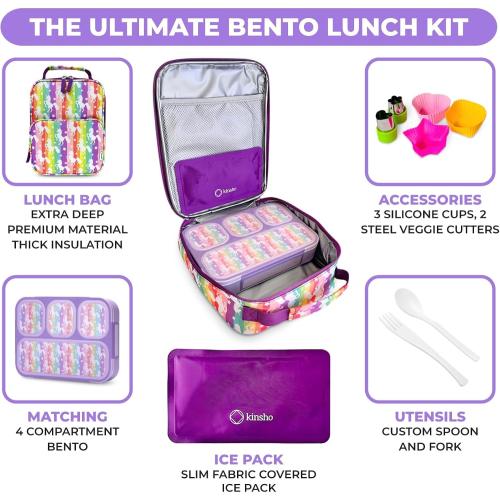 Bento Lunch Box with Insulated Bag, Ice Pack and Bento Accessories for Girls. Snack Containers with 4 Compartment Dividers for Toddlers Pre-School Daycare BPA Free Set, Utensils, Rainbow Unicorn