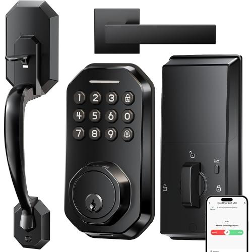 Ulecoce WiFi Smart Door Lock for Front Door, Keyless Entry Door Lock with App Control, Front Door Lock Set, Keypad Deadbolt with Handle Set, 5 Keys, Auto-Lock ＆ One-Touch Lock, One-time Codes, Black