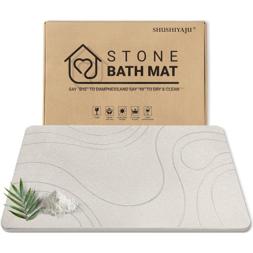 Stone Bath Mat Quick Dry Diatomaceous Earth Bath Mat Non-Slip Shower Stone Bathmat Super Absorbent Water Diatomite Bathroom Floor Pad Elegant,Natural,Esay to Clean (Flow Line-Beige)