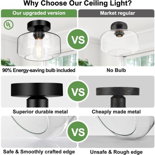 Industrial Semi Flush Mount Ceiling Light, 800 Lumen LED Bulb Included, Seeded Glass Shade Farmhouse Light Fixture for Hallway Corridor Kitchen Bathroom Bedroom Passway