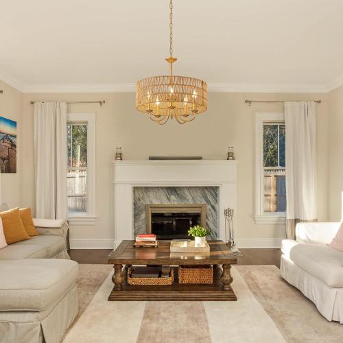 5-Light Boho Large Rattan Chandelier Light Fixture, Gold Rattan Chandeliers for Dining Room with Hand Woven Shade, Farmhouse Rustic Drum Hanging Pendant Light Fixture for Living Room, Hallway, Foyer