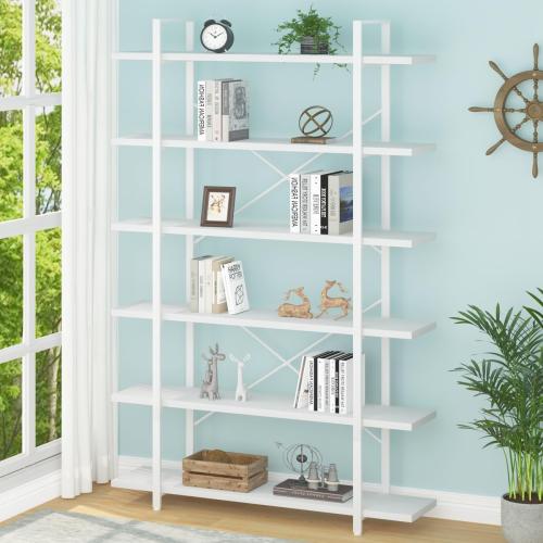 6 Tier Tall White Bookshelf, Industrial Modern Vertical Metal and Wood White Bookcases 6 Shelf,Farmhouse Open Large Storage Book Shelves & Display Book Shelf for Bedroom Living Room Office