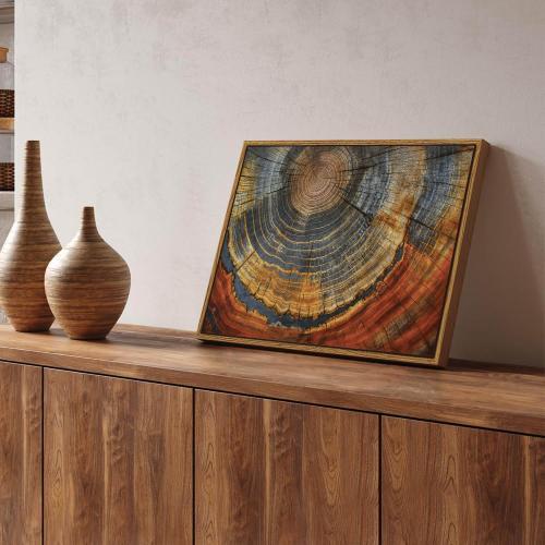 BingruiArt Faux Wood Tree Ring 03 Canvas Wall Art 12x16 Framed | Boho Abstract Nature Wall Decor, Red and Gold Abstract Wood Grain Print, Living Room Bedroom Bathroom or Office
