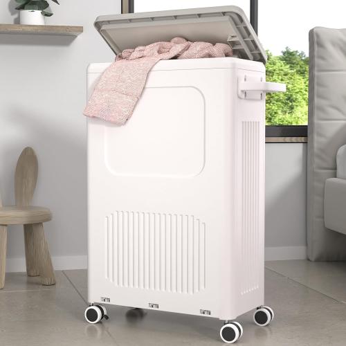 Slim Laundry Hamper with Lid 50L Rolling Basket | For One Person Laundry, Fits Narrow Corners, Behind the Door, with Handle, Lid, Wheels, Stickers for Sorting, 5-Minute Setup