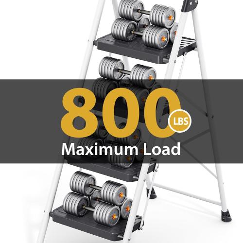 KINGRACK Sturdy Steel 4 Step Ladder, Folding Step Stool with Handrail, Anti-Slip Wide Pedals, Safe-Lock Design, Pass 800lbs Load Testing, Portable Ladder for Multi-Purpose in Home, Kitchen, White
