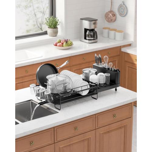 Kitsure Large Dish Drying Rack - Extendable Dish Rack, Multifunctional Dish Rack for Kitchen Counter, Anti-Rust Dish Drainers with Cutlery & Cup Holders 19.2-26.7 L x 12.9 W, Black