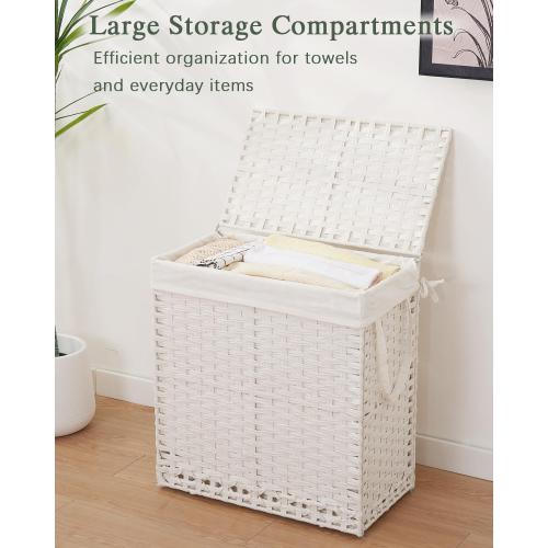 SETVSON Laundry Hamper with Lid Wicker Laundry Basket 112 L (29.6 Gal) Laundry Hampers Handwoven Rattan Clothes Hamper with Handles 3 Removable Liner Bag, 6 Mesh Bags for Bathroom Bedroom White