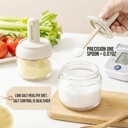 Povinmos® 3 Piece Glass Salt Container | Storage | Pepper,Table Salt, Sugar,Gourmet Salts,Spice |Chili Herbs |10 oz |Glass Salt Container with Lid and Retractable Spoon