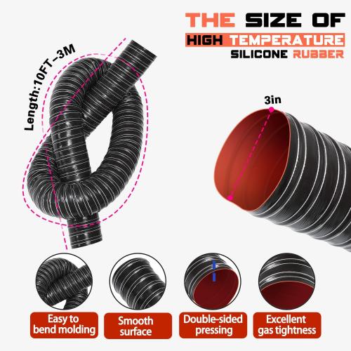 3 in Intake Hose Automotive Air Duct Hose Length 3 Meter (10 Feet) Double-layer Silicone Flexible Brake Cooling Ducting Induction vacuum hose for Air System (Black)