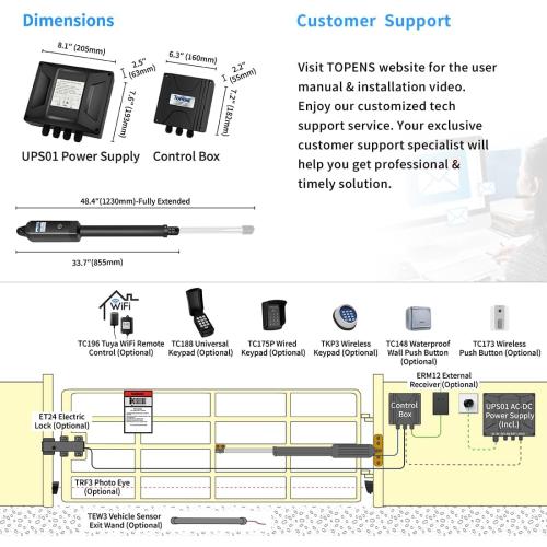 TOPENS A8131 Single Swing Gate Opener Heavy Duty Automatic Gate Motor for Single Swing Gates Up to 18ft, Electric Driveway Gate Operator AC Powered with Remote Control Kit Solar Compatible