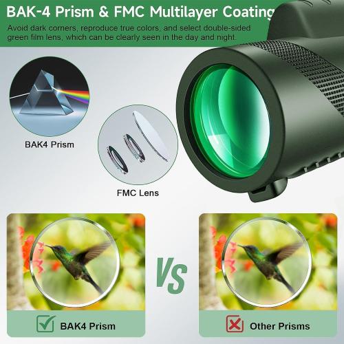 Monocular-Telescope 80x100 High Powered Monoculars High Definition for Adults High Powered with HD BAK4 Prism Smartphone Adapter Telescope Hunting Wildlife Bird Watching Travel Camping Hiking-Green