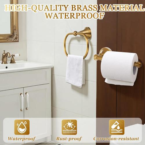 Antique Brass Bathroom Accessories Set, 2 Pcs Solid Brass Toilet Paper Holder and Oval Towel Ring, Wall Mounted Vintage Bath Hardware Kit for Rustic Farmhouse Decor(Oval Ring Straight Bar)