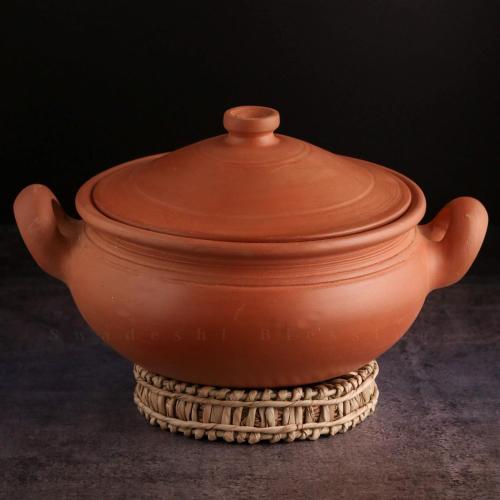 Swadeshi Blessings HandMade Unglazed Clay Pot for Cooking with Lid, 4Liters | Chemical-Free, Multi-Use Clay Cooking & Serving Pot, Earthen Kadai, Mud Handi, Mitti Ke Bartan, Free Cleanser&Palm Leaf Stand