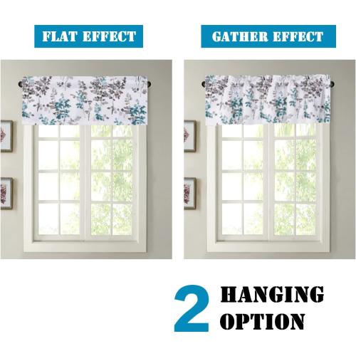 H.VERSAILTEX Valance for Kitchen Windows/Bathroom/Living Room/Bedroom Blackout Window Valance Thermal Insulated Rod Pocket Valance Curtains, 52 W x 18 L, 2 Panels, Floral Pattern in Grey and Teal