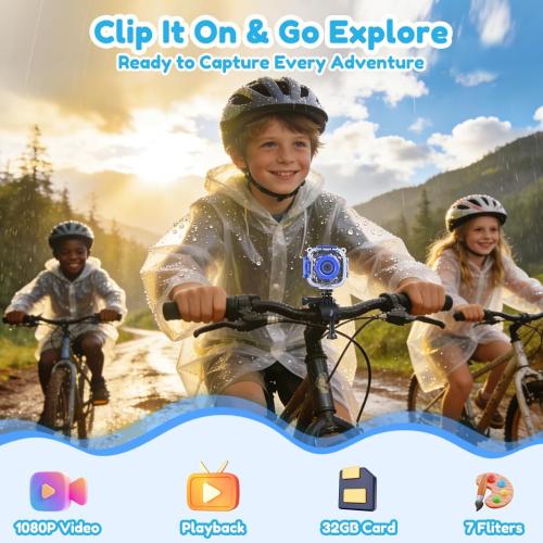 PROGRACE Pool Toy & Kids Underwater Camera - IP68 Waterproof Action Camera for Boys Ages 3-12, 1080P Video, 32GB Card, Mount for Bike & More, Birthday Gift for Diving, Swimming, Riding, Snorkeling