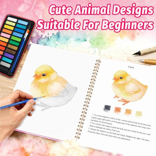 Watercolor Workbook - Coloring Book Beginner Friendly Painting Kit, Watercolor Workbooks for Adults with 24 Colors Paint, Exploration Gift for Adults Teens (Animals)