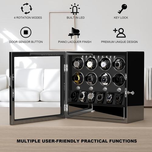 DUKWIN Watch Winder for 4/6/8 Automatic Watches, Lockable Winders with Watch Holders and Jewelry Storage, Super Quiet Motor with High-Gloss Finish, Built-in Illumination