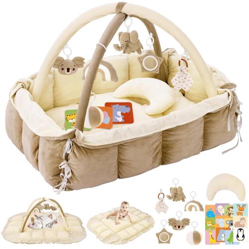 5-in-1 Plush Baby Play Gym & Activity Mat, Baby Play Mats, Baby Gym with Convertible Design, Tummy Time Mat with Pillow, 6 Sensory Toys for Newborn to Toddler, Cream