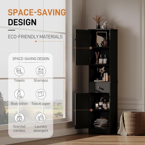 Size 14.96 W x 11.61 D x 63.38 H Color Black Tall Bathroom Cabinet, Storage Cabinet with 2 Doors & 2Drawer, with Ajustable Shelve, for Bathrooms, Kitchens,Entrances,Bedrooms（Black）
