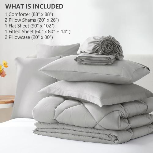 CozyLux Queen Comforter Set with Sheets Light Grey - 7 Pieces Bed in a Bag