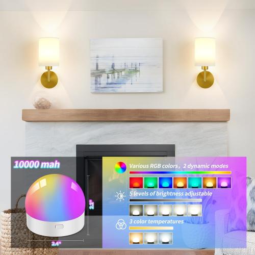Battery Operated Wall Sconce Set of Two,Dimmable Cordless Wall Sconces,12 Colors Rechargeable Wall Lights,Wall Lamps for Bedroom,Living Room (Bronze)