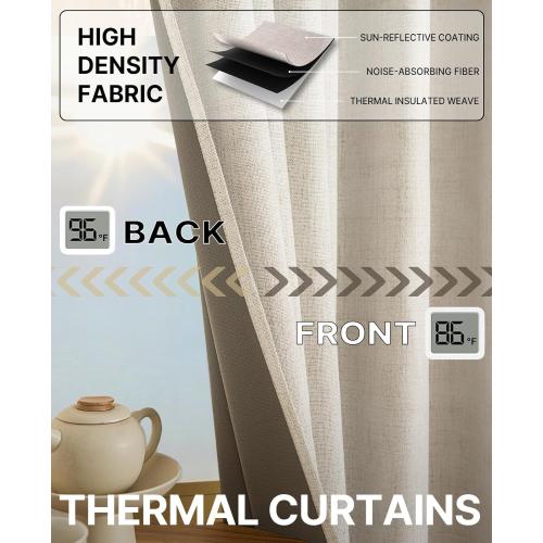 Blackout Curtains 96 Inch 2 Panels - 100% Light Blocking Thermal Insulated Noise Reducing, Linen Blend Hooked Pleat, Boho Farmhouse Style Drapes for Bedroom Living Room Cream
