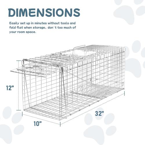 Animal Trap 32x10x12 Cage Trap, Heavy Duty Folding Raccoon Traps, Humane Cat Trap for Stray Cats,Rabbits,Squirrels,Outdoor Small Animal Trap,Humane Catch & Release