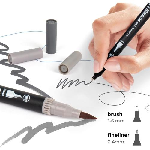 Gray Duo Tip Marker Pens, 12 Pack Fine & Brush Markers for Adult Coloring Books No Bleeding, Neutral Gray Markers for Shading, Urban Sketches, Architectural Drawings and Realistic Textures