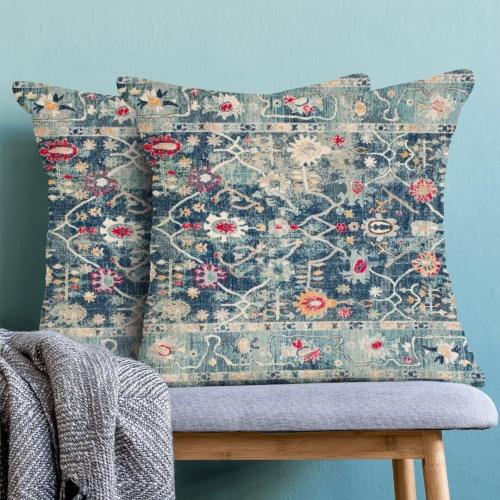 AEIOAE Boho Pillow Covers 18x18 Set of 2 Blue Vintage Retro Decorative Throw Pillow Outdoor Linen Square Farmhouse Decor Cushion Cover for Home Couch Sofa