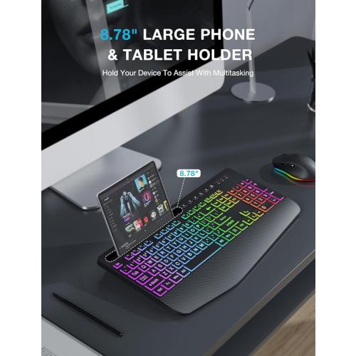 Color Black SABLUTE Wireless Keyboard and Mouse Combo, 9 Backlit Effects, Large Print, Wrist Rest, Phone Holder, 2.4G Lag-Free Ergonomic Keyboards, Rechargeable Easy to See Cordless Set for Computer, Laptop, PC