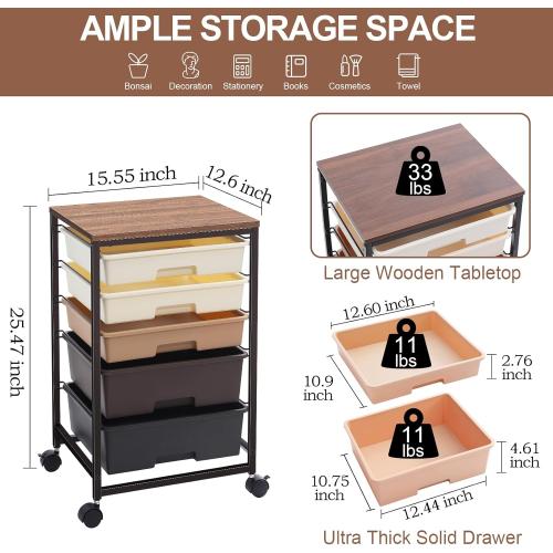 Utility Cart with 5 Drawers,Storage Drawer Cart with Wooden Tabletop and Lockable Wheels,Craft Storage Trolley Cart,5-Tier Rolling Utility Cart on Wheels,Dark Brown