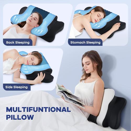 Cervical Neck Pillow for Pain Relief,Cervical Pillow with Memory Foam Ergonomic Pillows with Dual Heights for Back, Stomach and Side Sleepers Kids' Floor Pillows Cushions (Black, Standard 26×15)