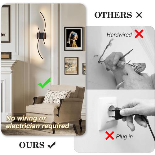 Battery Operated Wall Sconces Set of Two with Remote Control, Stepless Colors 3000K-6000K & Dimming, LED Black Wireless Wall Light for Living Room, Hallway, Bedroom, 31.5 Inch (2 Pack)