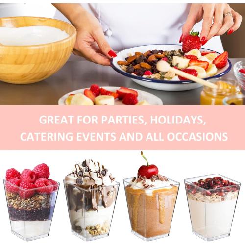 CLEAR CUPS Eupako 100 Pack 5 oz Square Clear Plastic Dessert Cups Small Clear Plastic Tumbler Cups Great for Desserts, Appetizers, Puddings, Mousse and More