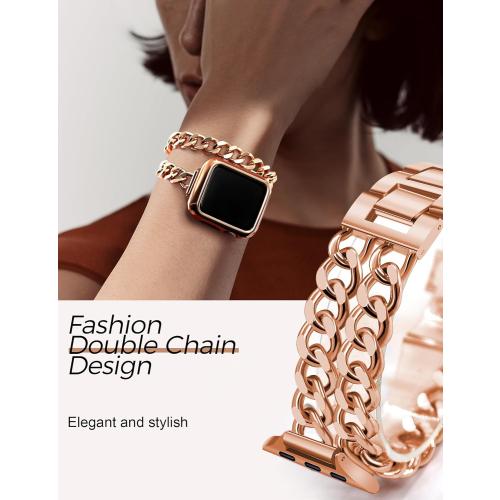 JR.DM Rose Gold Watch Bands for Women Compatible with Apple Watch Band 38mm 40mm 41mm 42mm (S10) Adjustment Metal Band Cowboy Steel Chain Bracelet for iWatch Series 9/8/7/6/5/4/3/2/1/SE/Ultra (No Case)