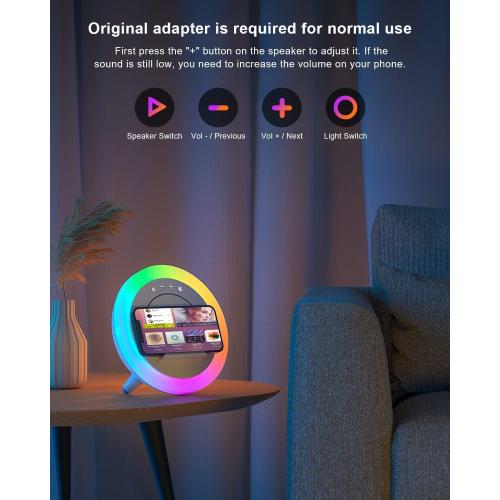 Bluetooth Speaker Night Lights, Wireless Charging Kids Speaker, Color Changing Modern Bluetooth Lamp,Teenage Boys Girls Gifts Ideas (15W Wireless Charging with Battery)
