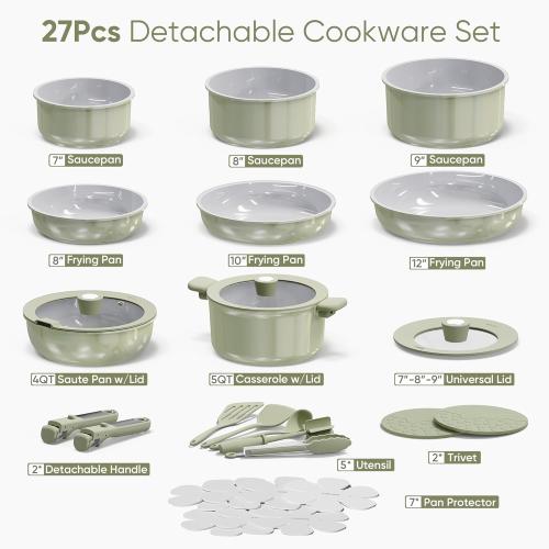 CAROTE 27pcs Ceramic Cookware Set Nonstick, Pots and Pans Set Non Stick, Non Toxic Cookware Detachable Handles, Dishwasher/Oven Safe, RV/Camping Cookware, Pan and Pot with Kitchen Utensils, Green