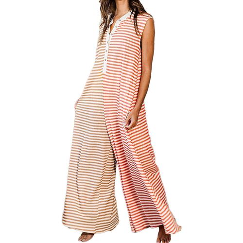 Size M CHARTOU Loose Striped Wide Leg Jumpsuit for Women Summer Romper Flowy Pants Comfy Sleeveless Button Baggy Overalls