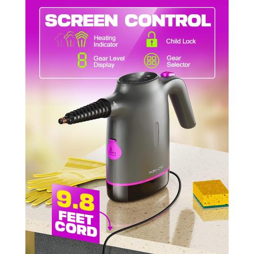 POPCHOSE Handheld Steam Cleaner for Home, Portable Pressurized Steamer for Cleaning Grout, Surfaces, Bathroom, Couch, 20S Fast Heat Up, 12 Accessories, Steam Adjustable, Safety Lock, Graypurple