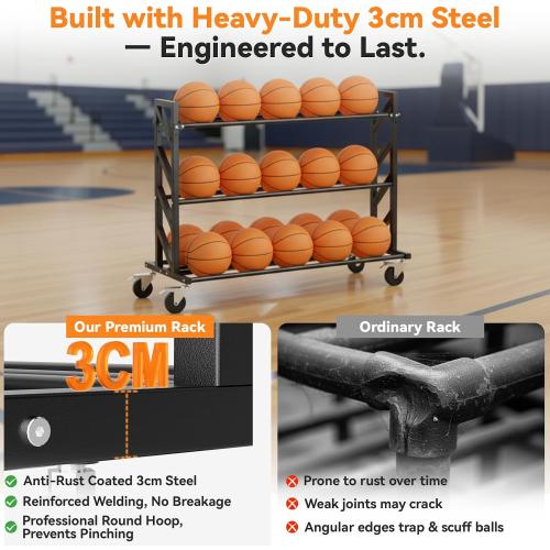 Basketball Racks for Balls, Heavy Duty Ball Cart with Wheels, Basketball Storage 3-Tier 20-Ball Heavy Duty Ball Cart for Gym Garage,Drop Pin for Shooters Preference