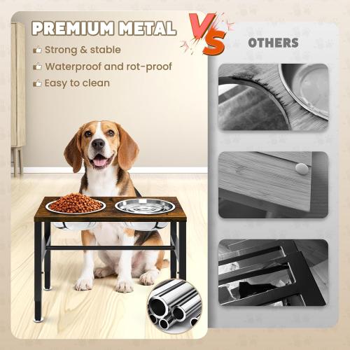 Elevated Dog Bowls, 3 Height Adjustable Raised Dog Water Food Bowl Wooden Metal Stand, 42OZ-Stainless Steel Bowls for Medium Small Dogs
