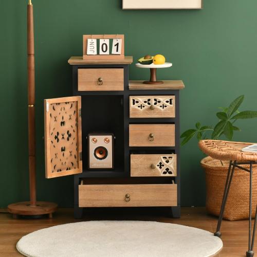 Farmhouse Accent Chest with Carved Door and 5-Drawers, Vintage Storage Cabinet Modern Dresser for Living Room, Entryway, Hallway, Multi-Drawer Organizer, Natural and Deep Blue. ( Damage see the pictures)